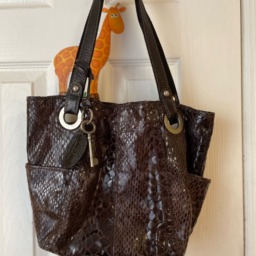 Fossil Brown Textured Bag with Silver Accents